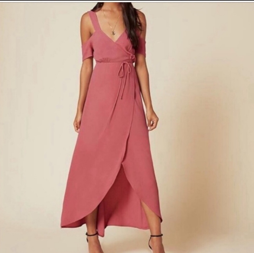 Reformation Jules Wrap Dress Pink Cold Shoulder Maxi Length Open Front Size 8
